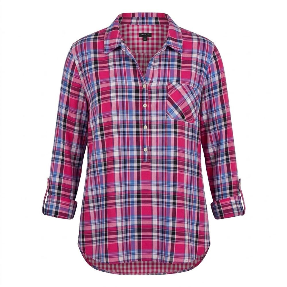 Talbots Pink Blue Plaid Rol Tab Sleeve Collared Button-Up Shirt Men Size XL